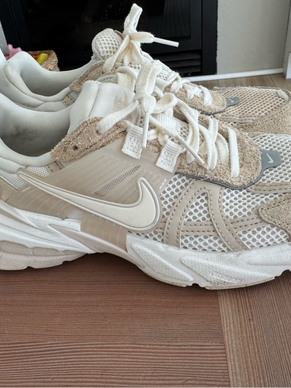 Nike Women's Beige and White Mesh Trail-Inspired Sneakers
